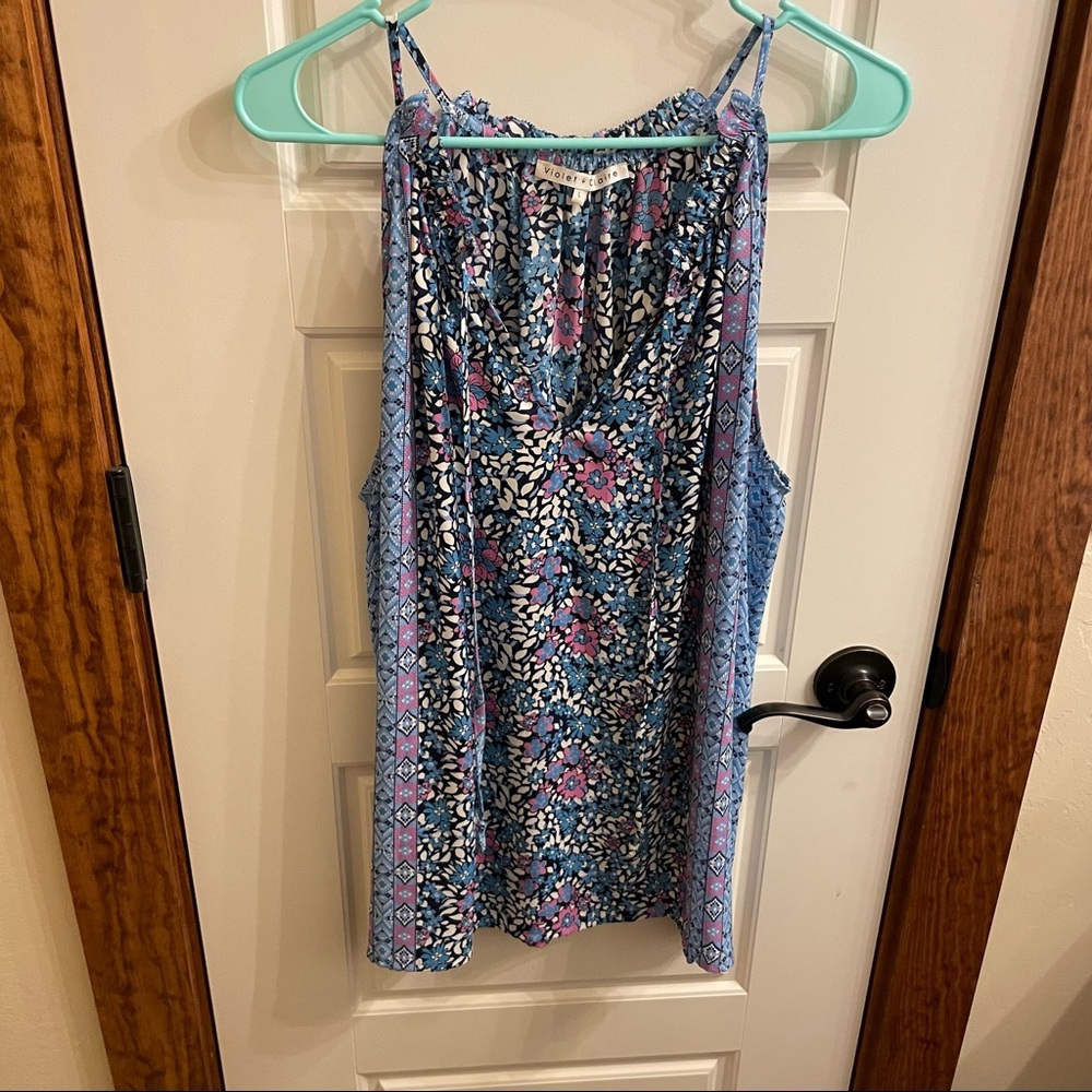 purple and blue patterned top
